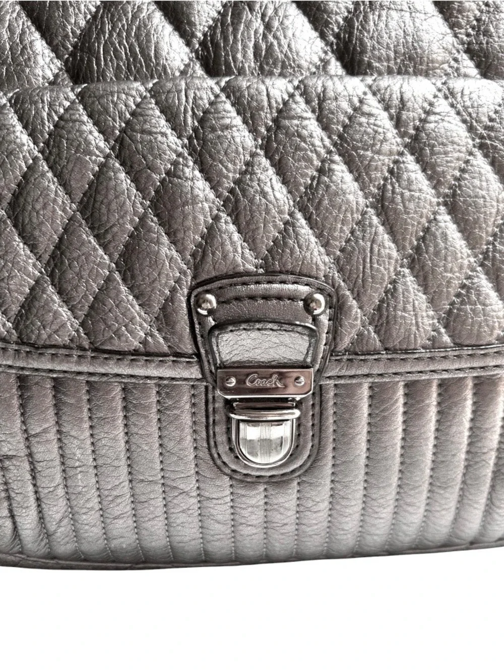 Coach Poppy 19854 Slim Leather Quilted Metallic Platinum Shoulder Tote
